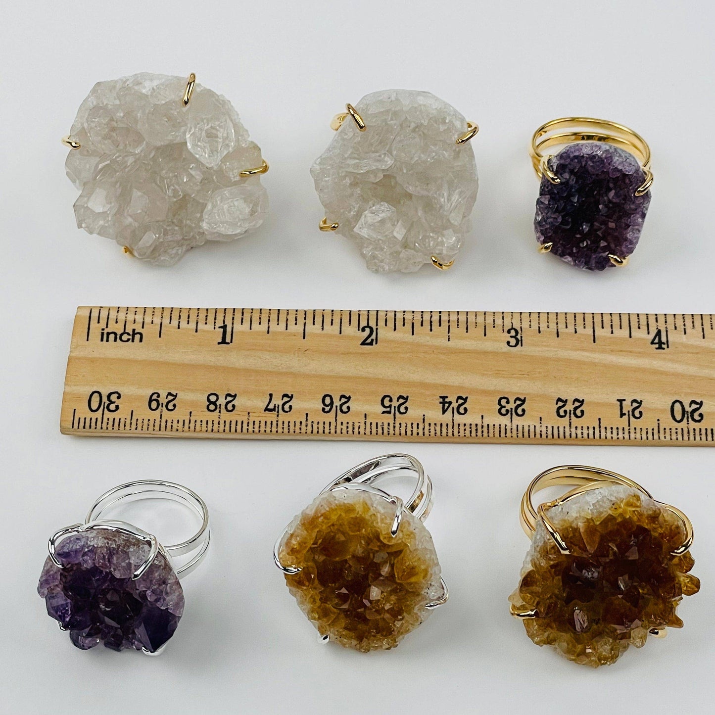 Crystal Cluster Ring Amethyst Citrine Crystal Quartz -: Amethyst / Silver