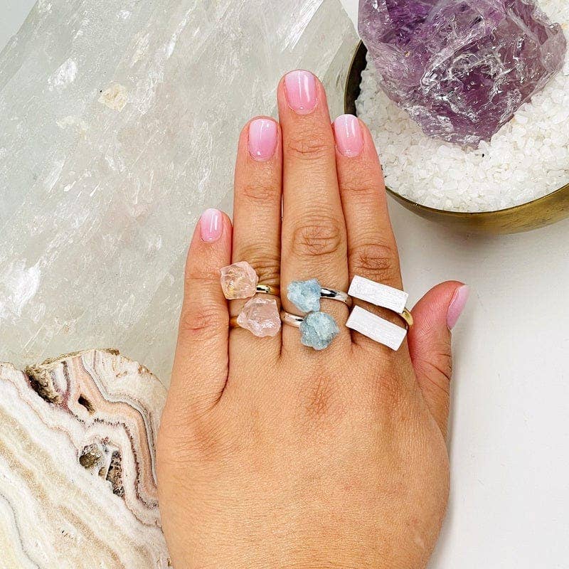 Assorted Double Crystal Rings - Aquamarine, Selenite, Quartz: Silver / Aquamarine