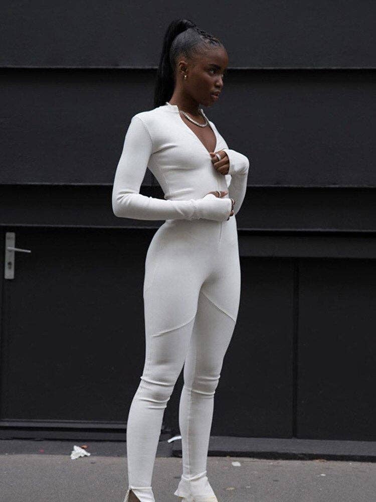 Women Clothing Solid Color Tight Long Sleeve High Waist Zipper Jumpsuit Women: Black / M