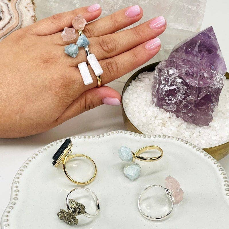 Assorted Double Crystal Rings - Aquamarine, Selenite, Quartz: Silver / Aquamarine