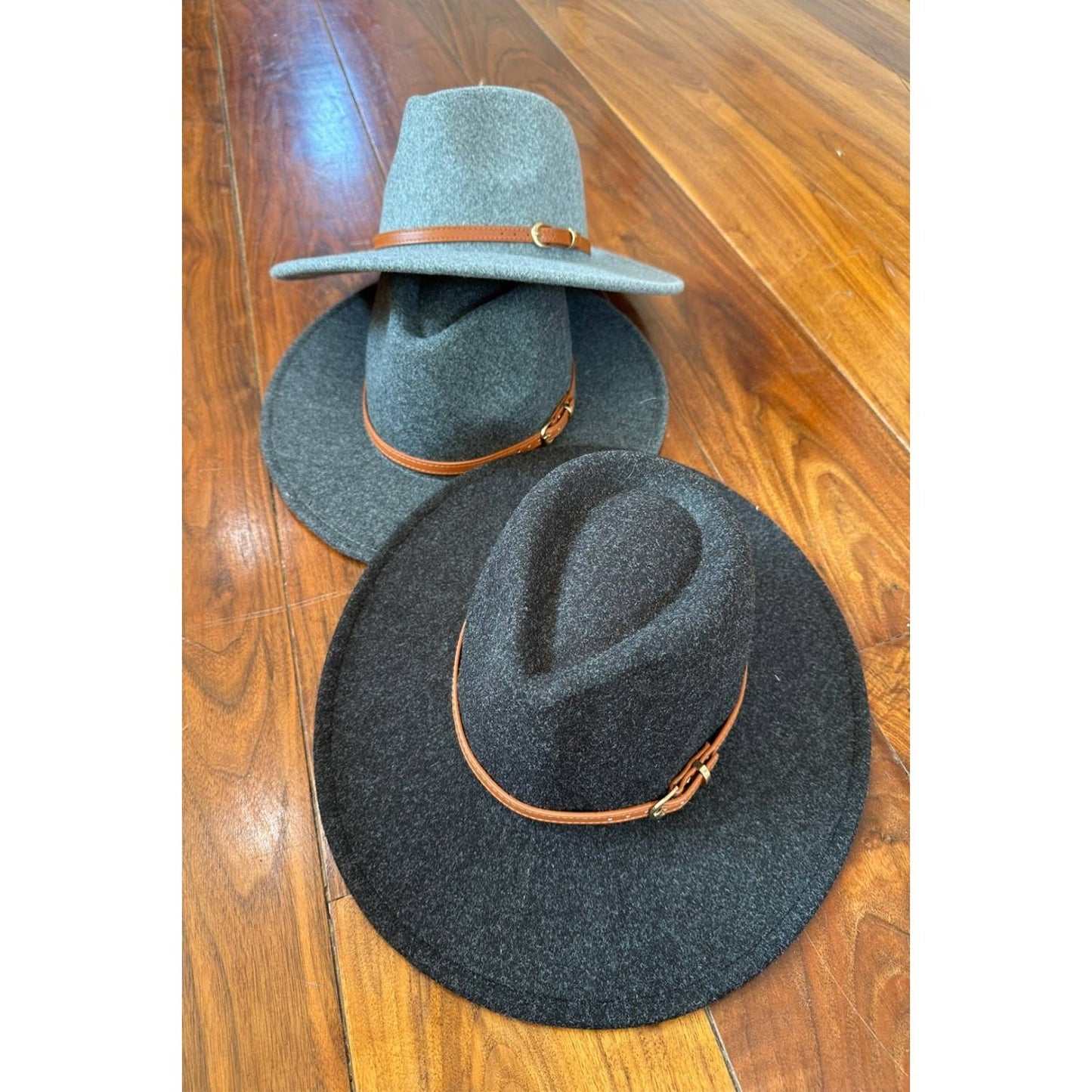 Wide Brim Fedora Hat With leather Belt: CHARCOAL / ONE SIZE