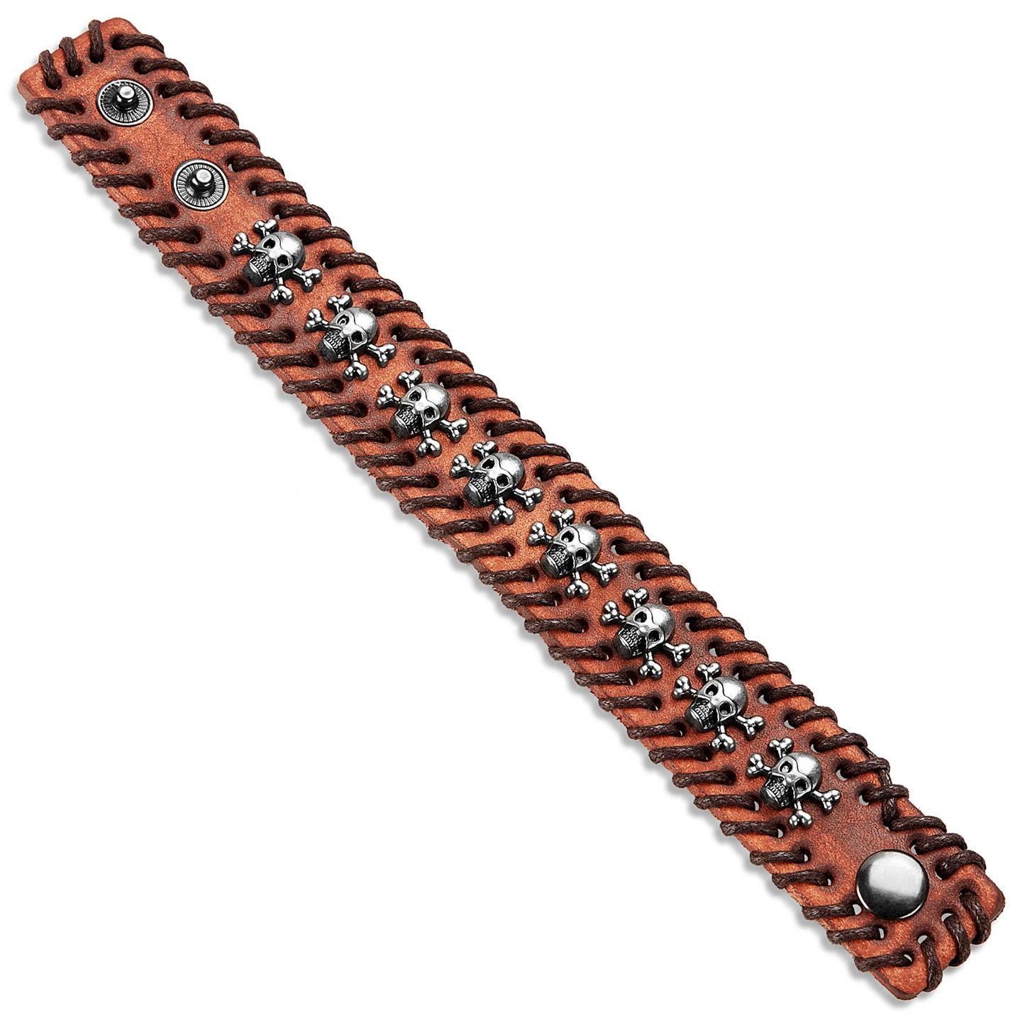 Stitched Edges Skull Studs Brown Leather Cuff Bracelet