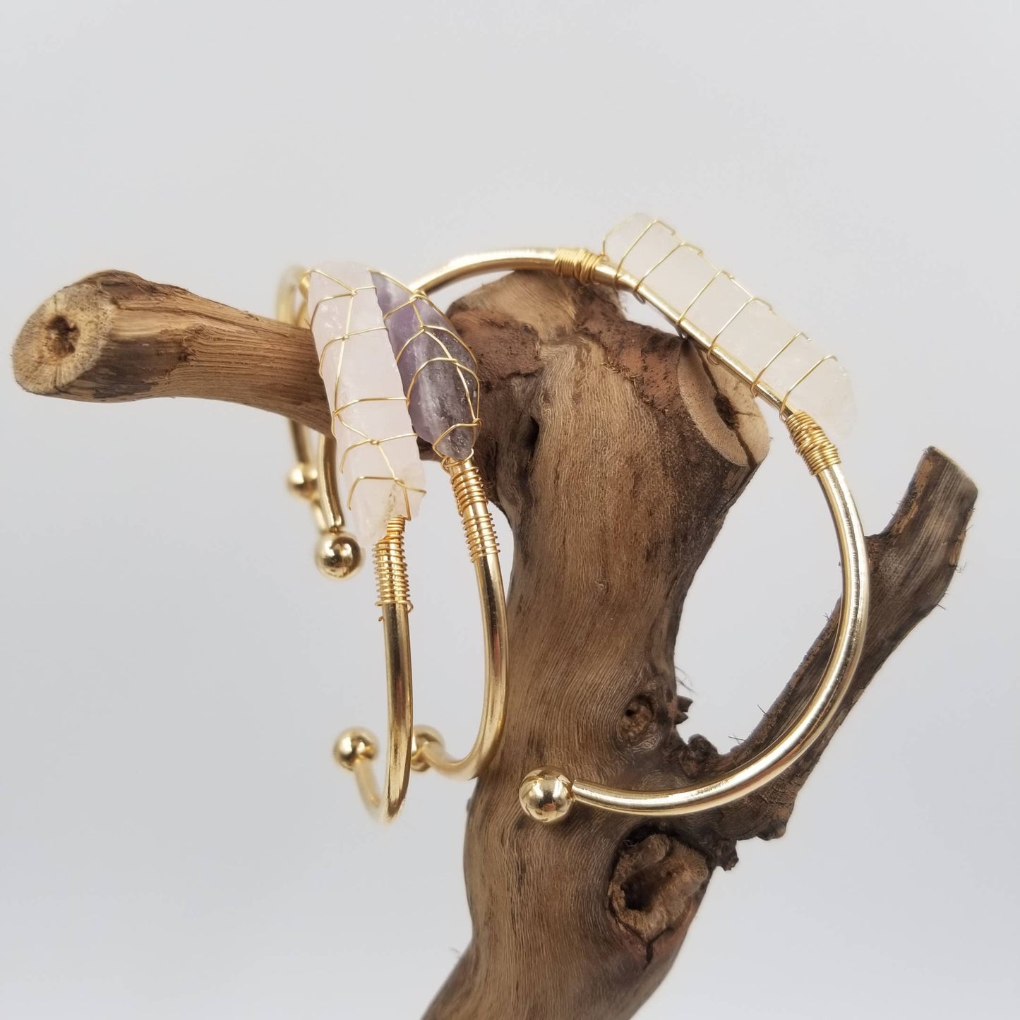 Gold Crystal Cuff Gem Stone Bangle Boho Bracelet: Pink