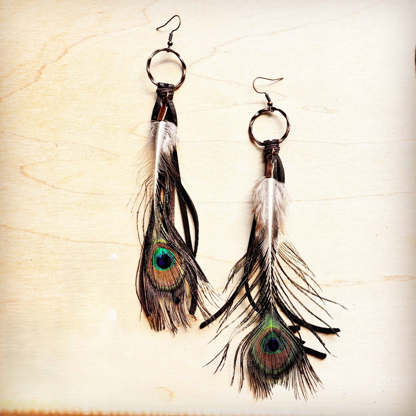 Black Deer Skin Leather Tassel Earring Peacock Feather 219j: Black