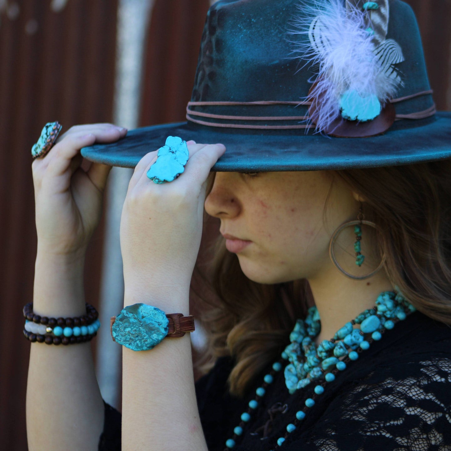 Copper Hoop Earrings with Blue Turquoise and Copper