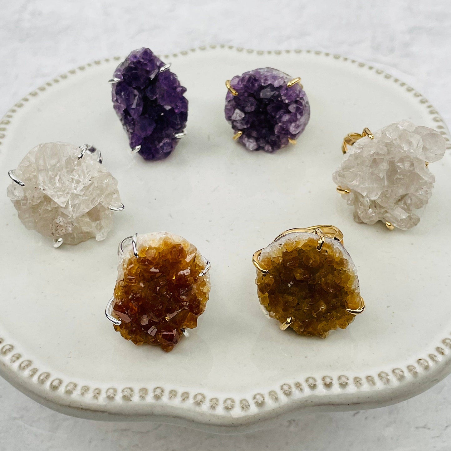 Crystal Cluster Ring Amethyst Citrine Crystal Quartz -: Amethyst / Silver