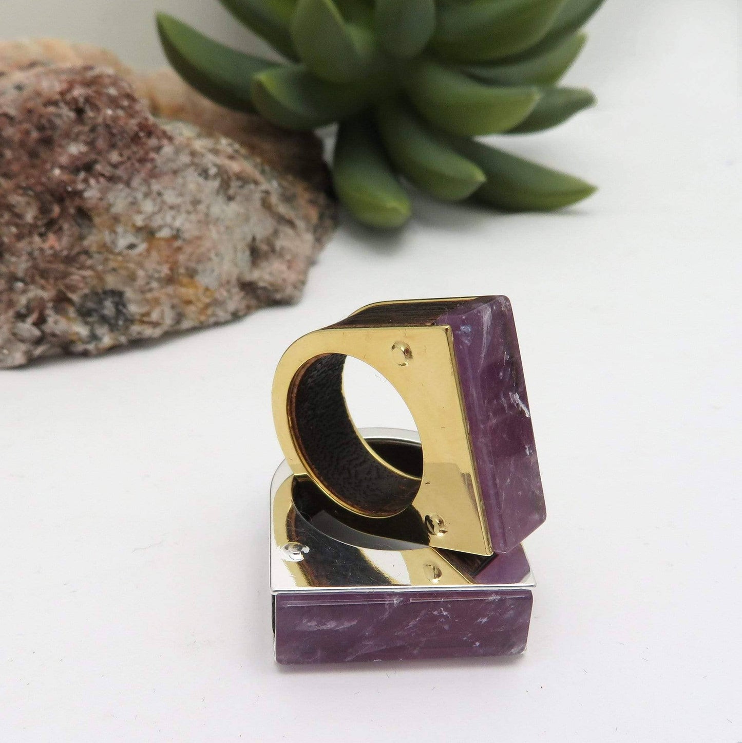 Crystal Stone Ring with Wood and Electroplated Edge: Silver / 8 / Turquoise howlite