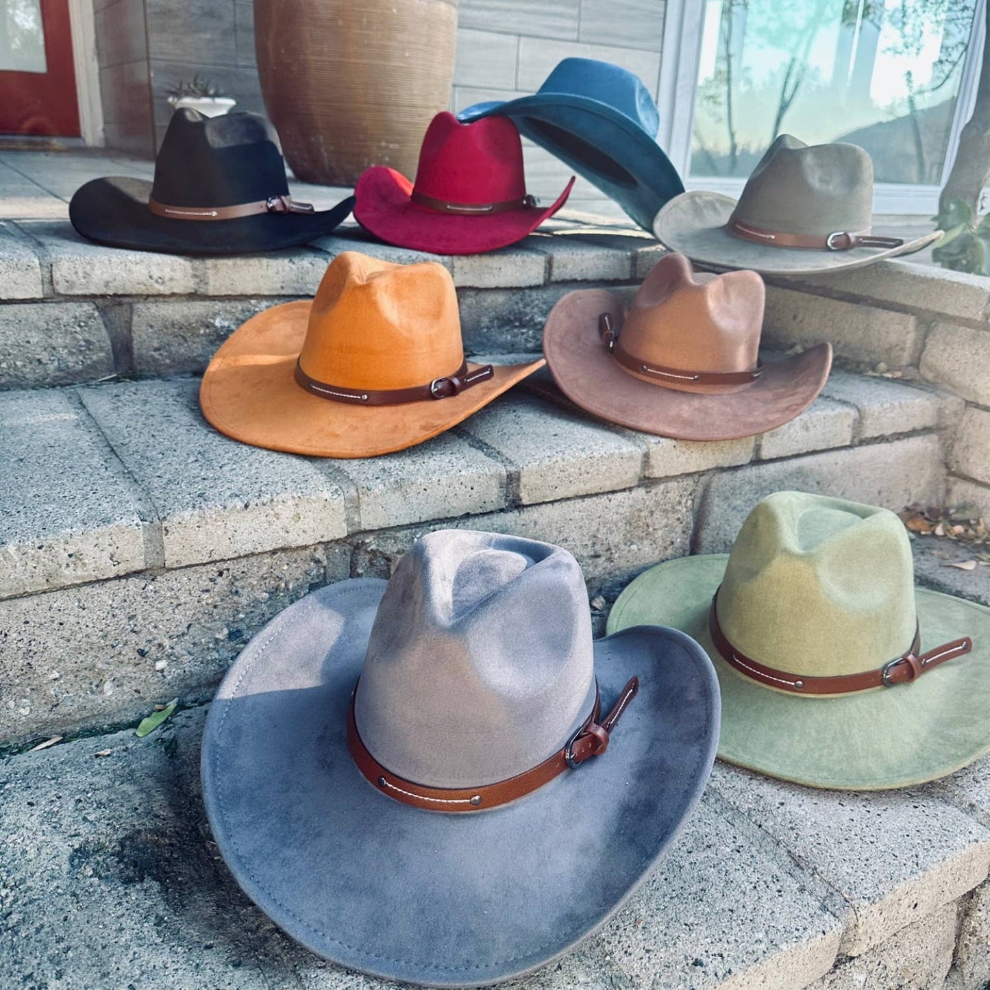Vegan Suede Cowboy hat stiff Brim W/ Leather Belt: IVORY / ONE SIZE