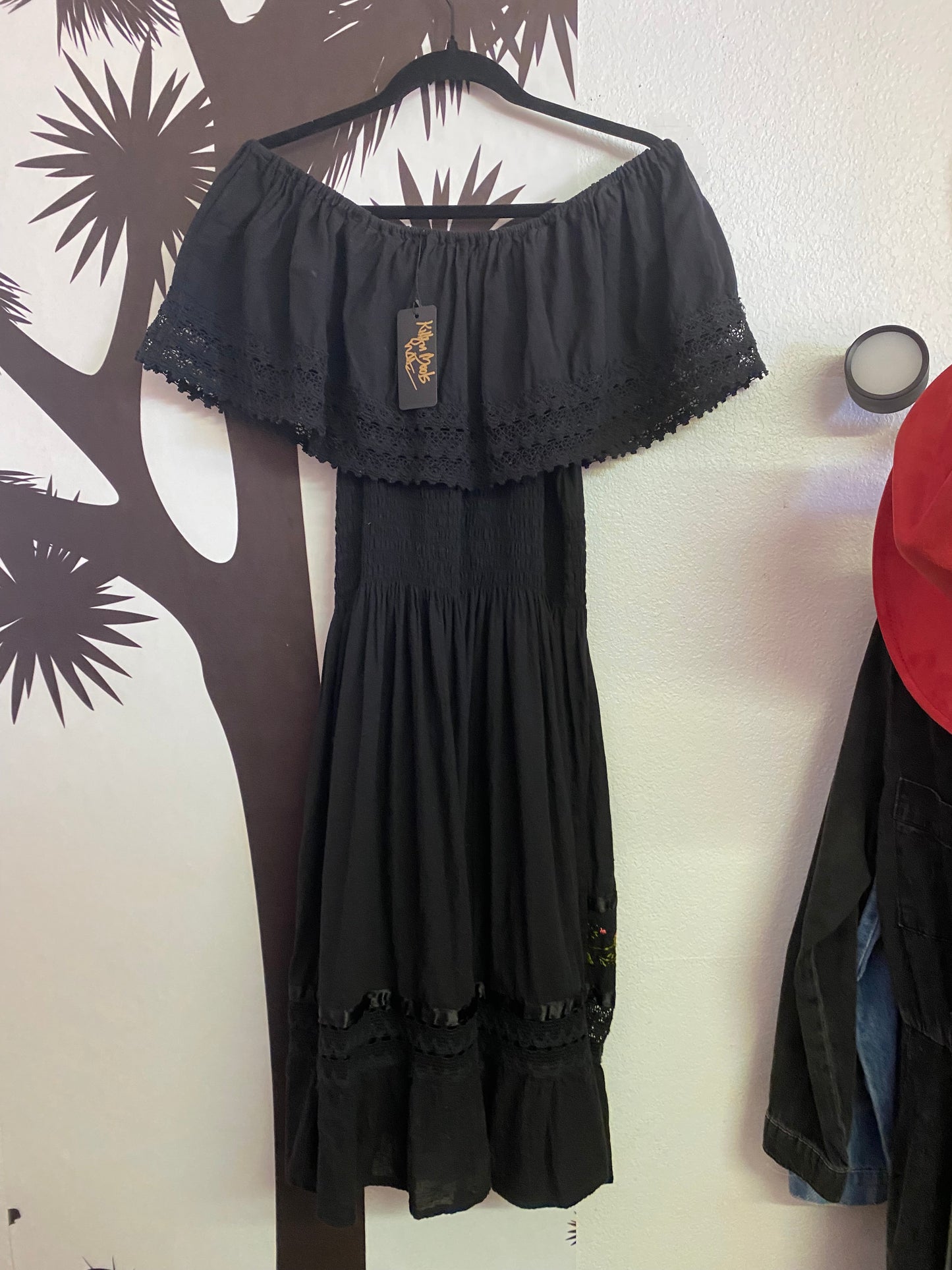 Black flower off shoulder dress