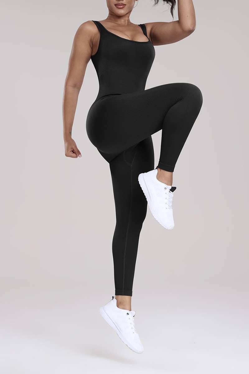 Solid black color seamless ribbed fitted style body jumpsuit: Black