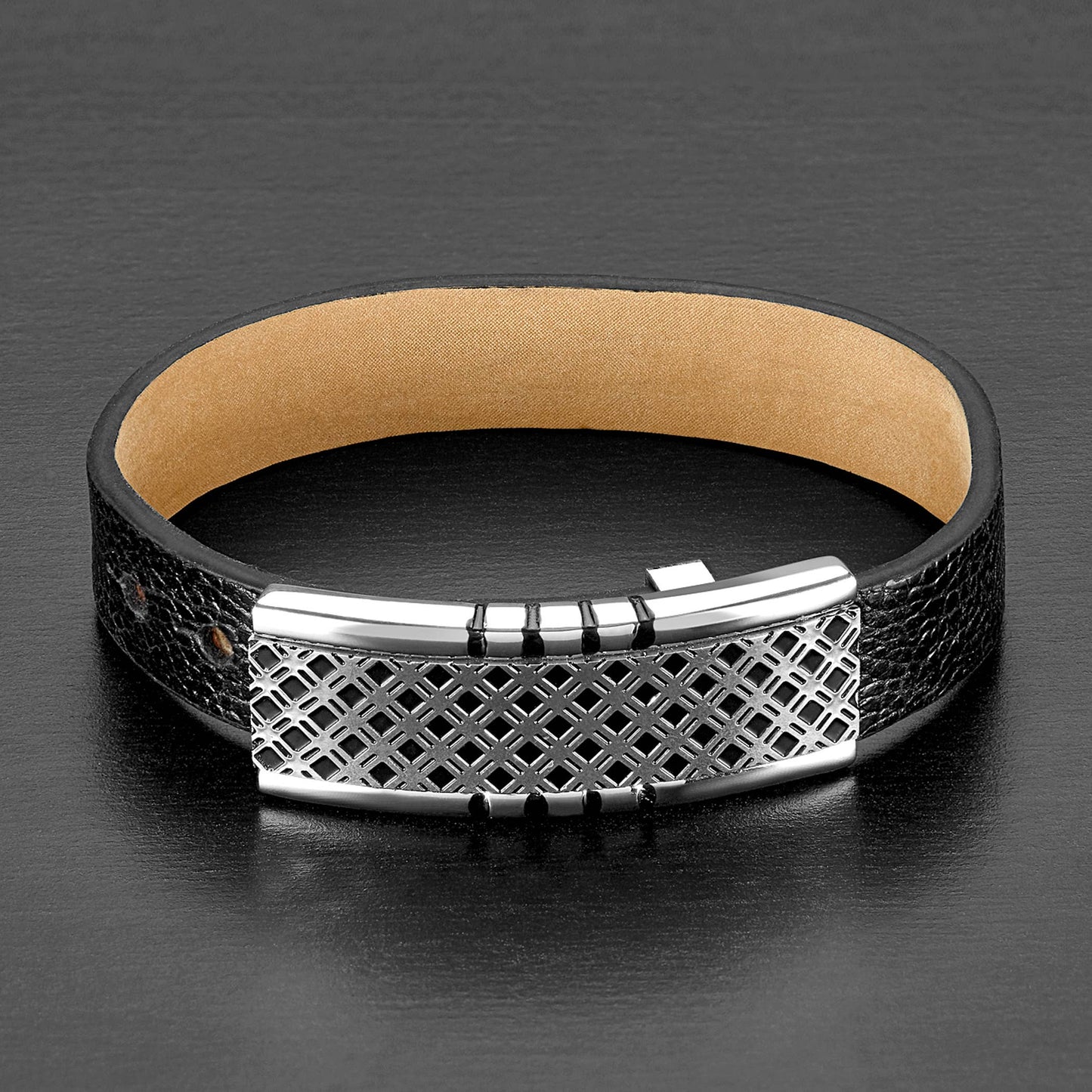 Lattice Buckle Clasp Black Leather Bracelet