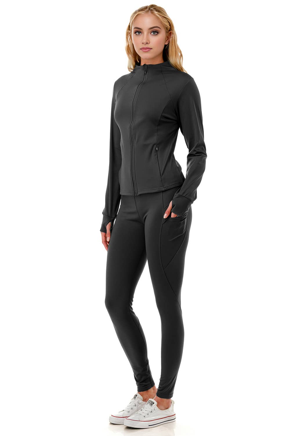 Fleece lined activewear define jacket with legging yoga set: Black