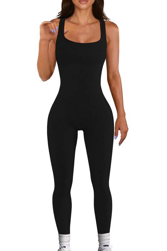 Solid black color seamless ribbed fitted style body jumpsuit: Black
