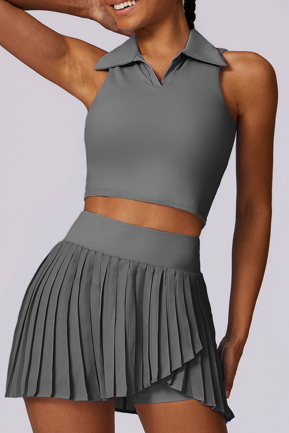 Premium solid color crop polo shirt with pleated skort set (Copy): Ivory
