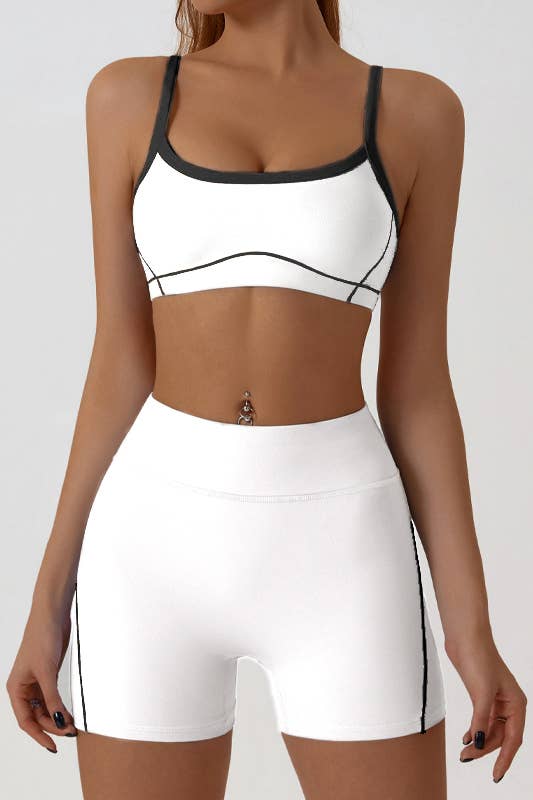 Premium active wear white contrast crop top with shorts set: Black