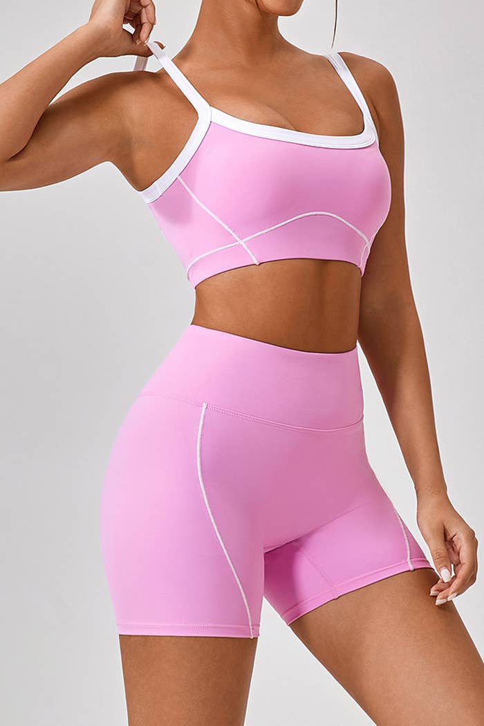 Premium active wear white contrast crop top with shorts set: Black