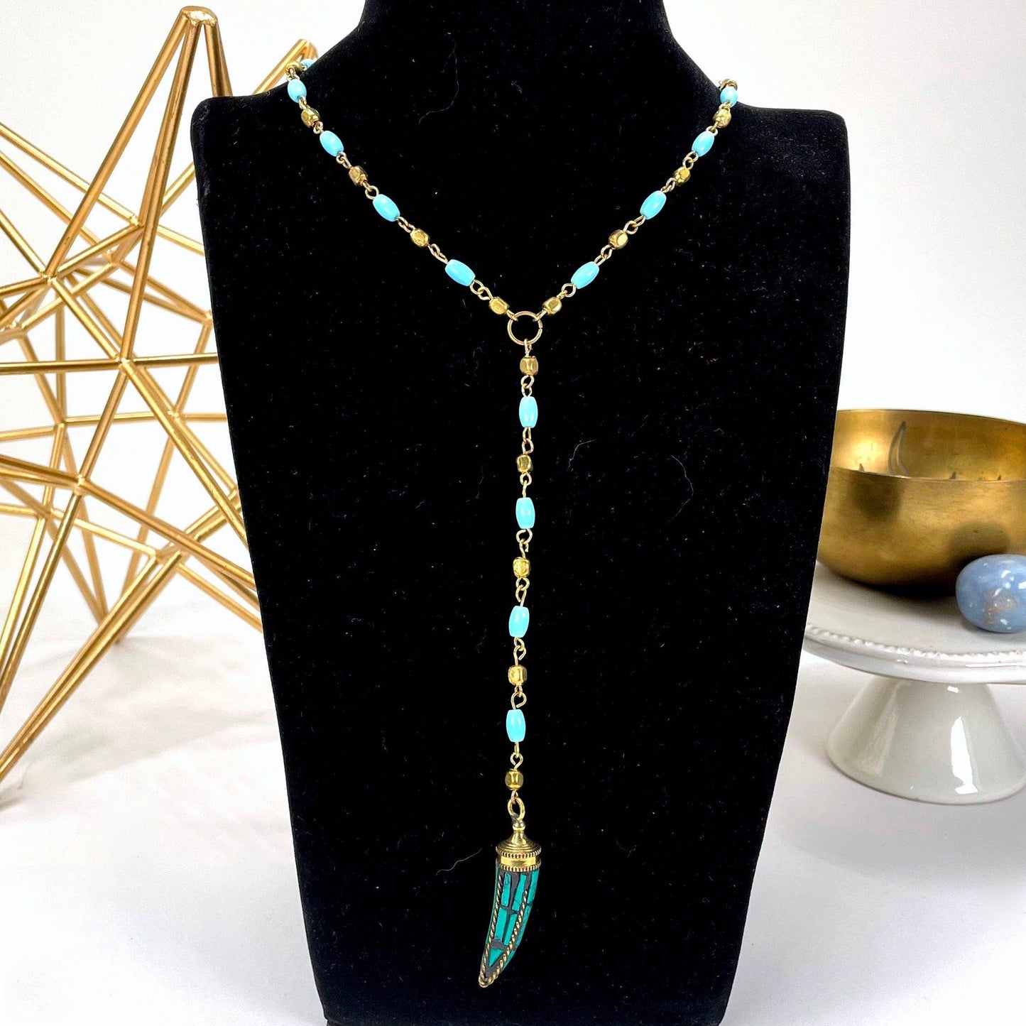 Crystal Beaded Necklace with Turquoise Horn Pendant