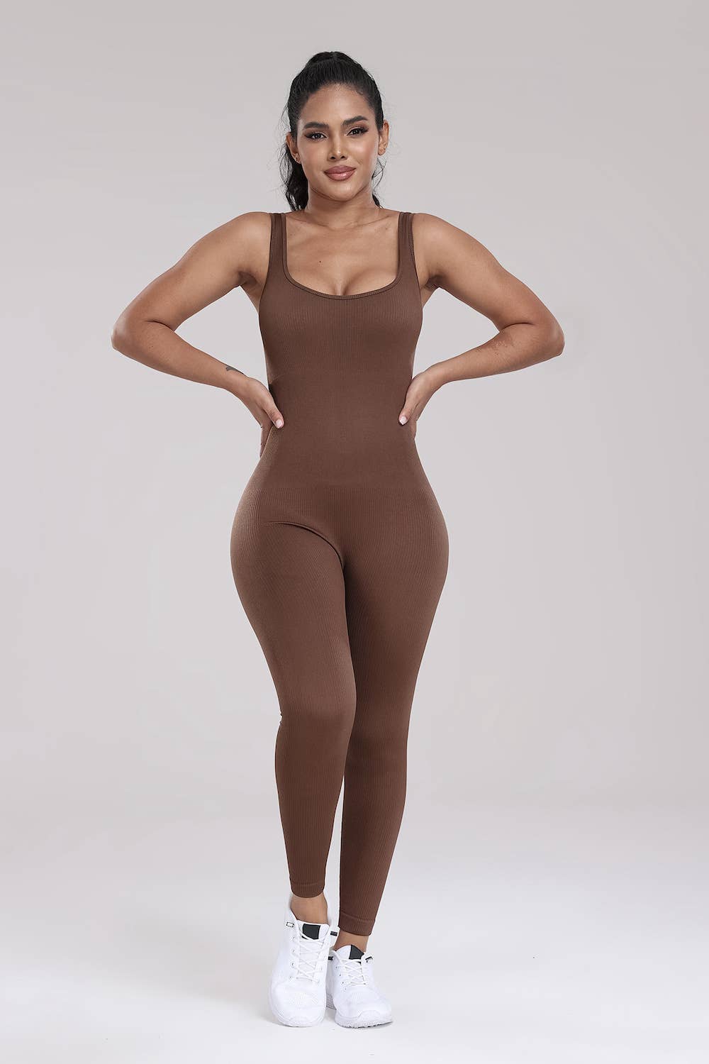 Solid black color seamless ribbed fitted style body jumpsuit: Black