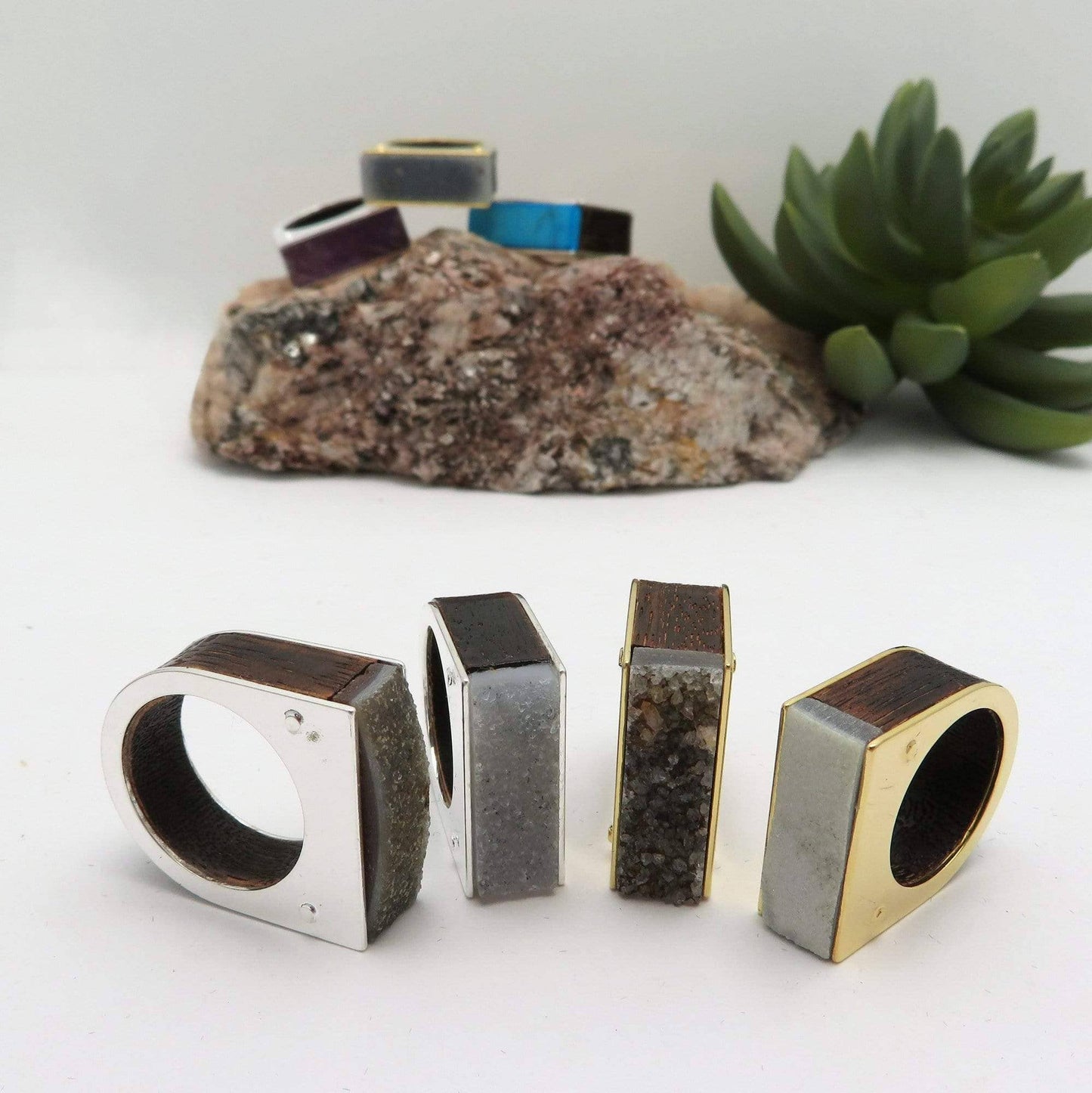 Crystal Stone Ring with Wood and Electroplated Edge: Silver / 8 / Turquoise howlite