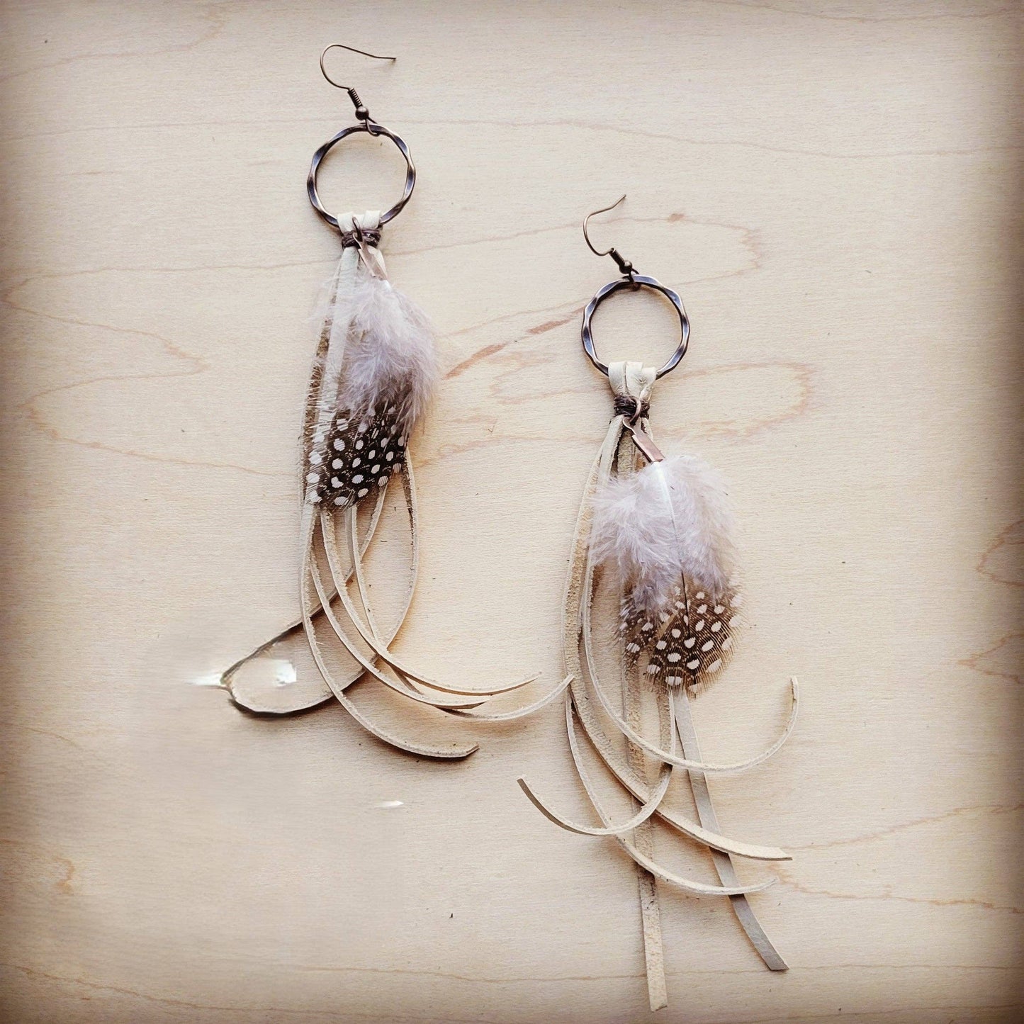 Boho Bone Deer Skin Leather Tassel Earring-Spotted Feather 217d: Multi