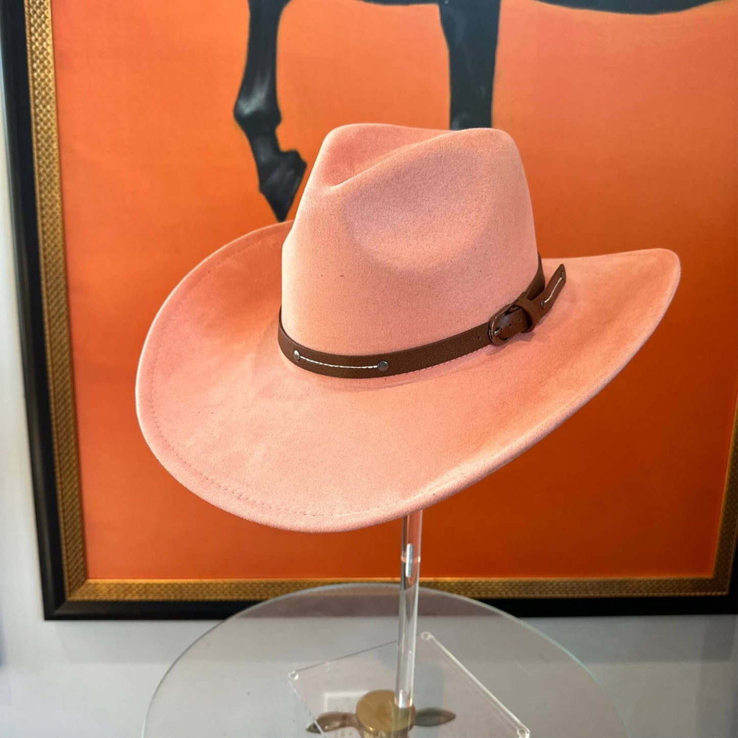 Vegan Suede Cowboy hat stiff Brim W/ Leather Belt: BROWN / ONE SIZE