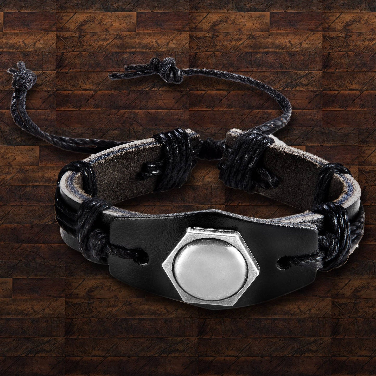 Hexagon Stud Adjustable Leather Bracelet