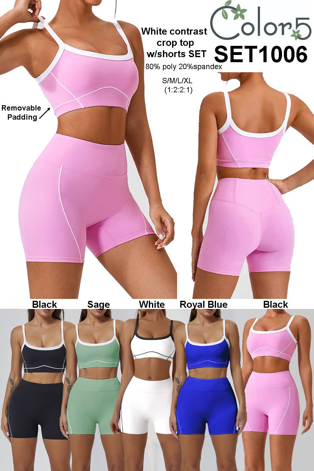 Premium active wear white contrast crop top with shorts set: Black