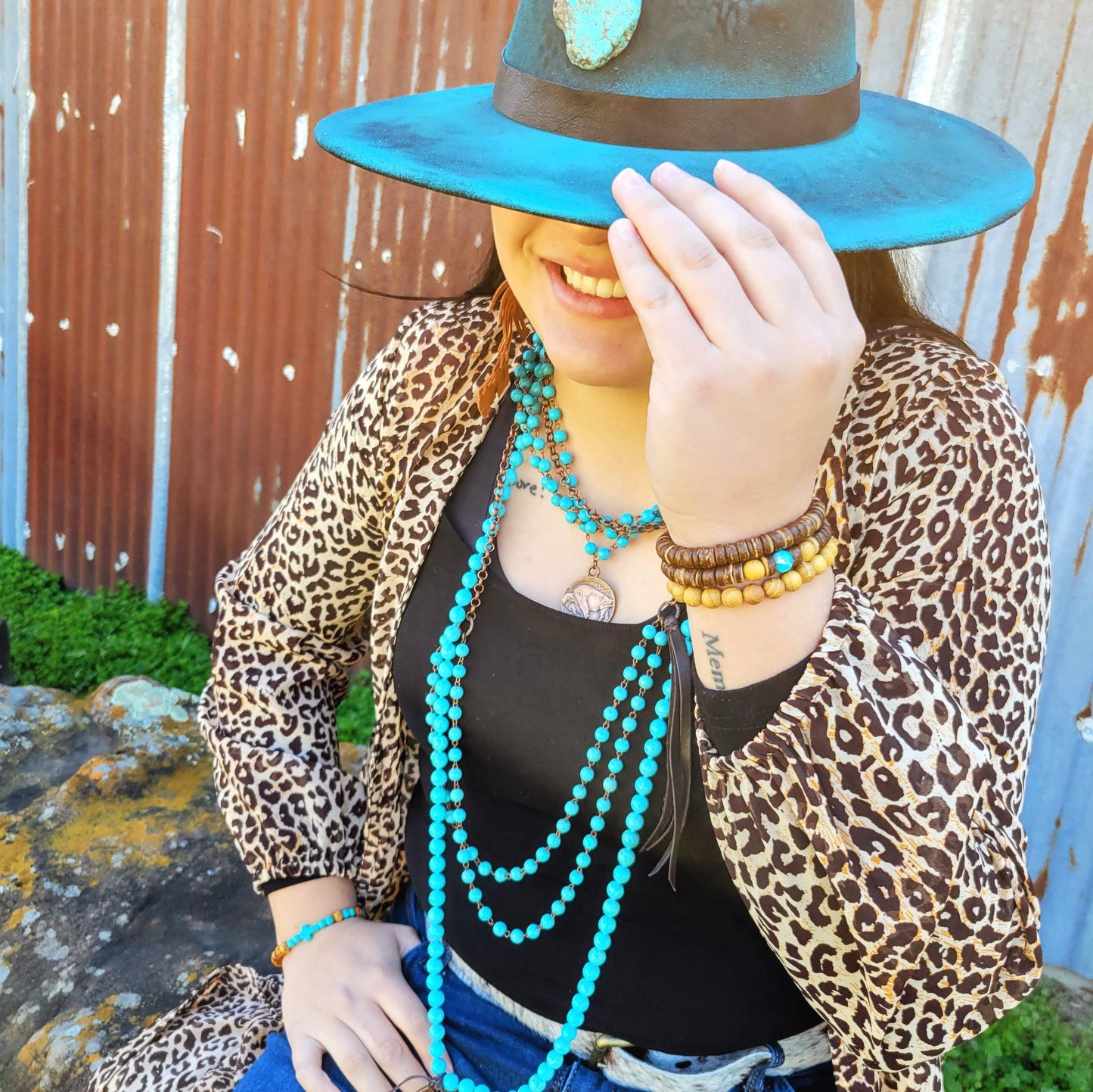 Double Strand Blue Turquoise Beaded Necklace, Leather Tassel