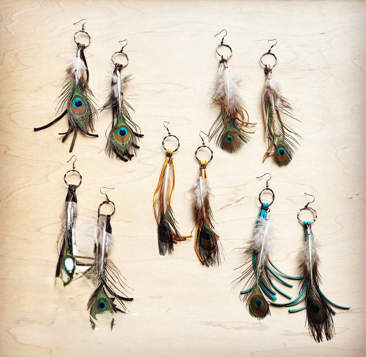 Yellow Deer Skin Leather Tassel Earring Peacock Feather 219i: Yellow