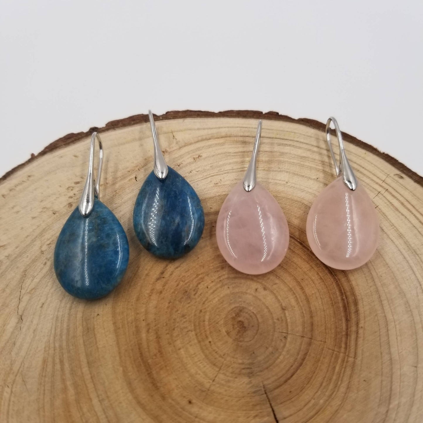 Apatite Stone & Rose Quartz Water Drop Earrings: Blue