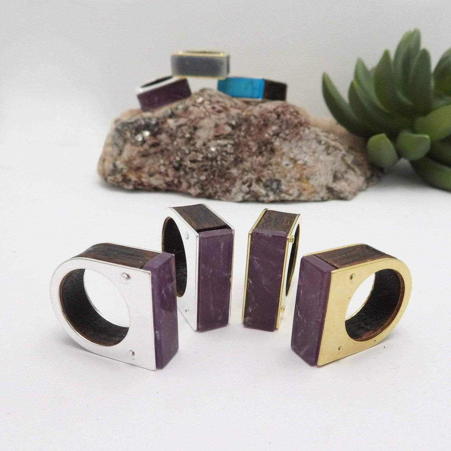 Crystal Stone Ring with Wood and Electroplated Edge: Silver / 8 / Turquoise howlite