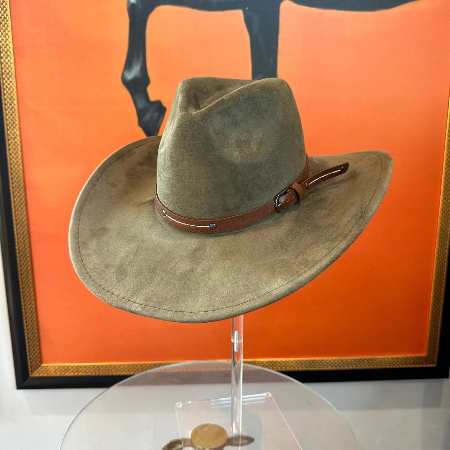 Vegan Suede Cowboy hat stiff Brim W/ Leather Belt: BROWN / ONE SIZE