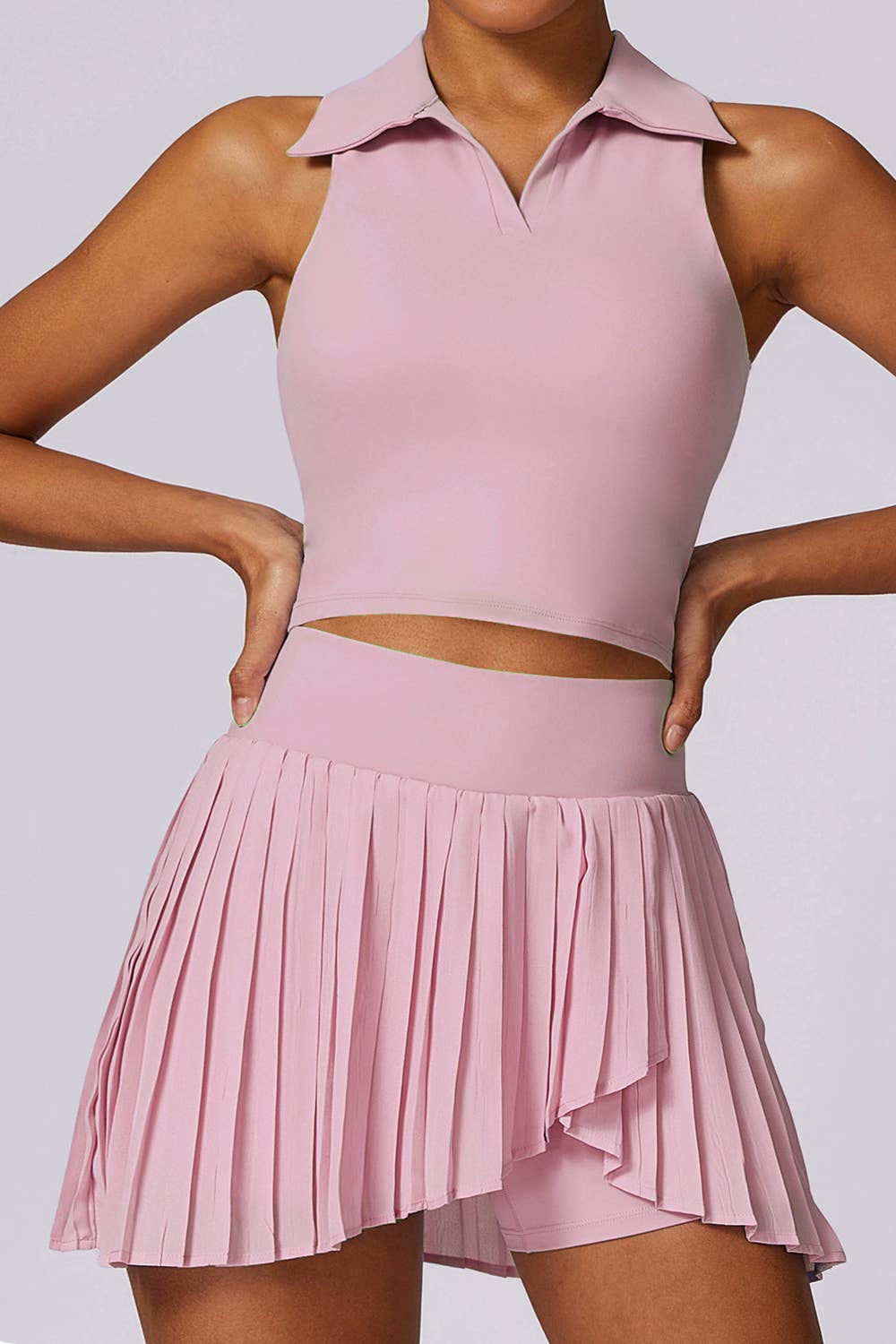Premium solid color crop polo shirt with pleated skort set (Copy): Ivory