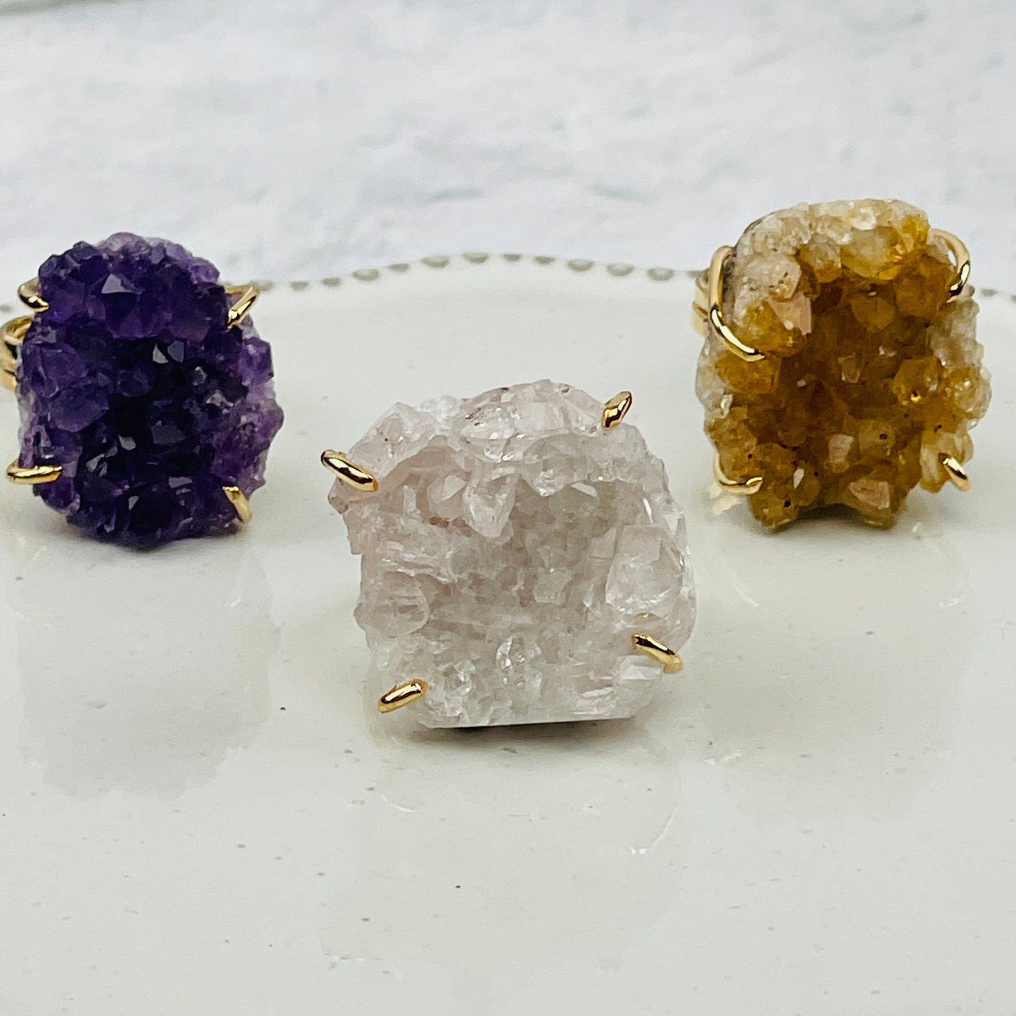 Crystal Cluster Ring Amethyst Citrine Crystal Quartz -: Amethyst / Silver