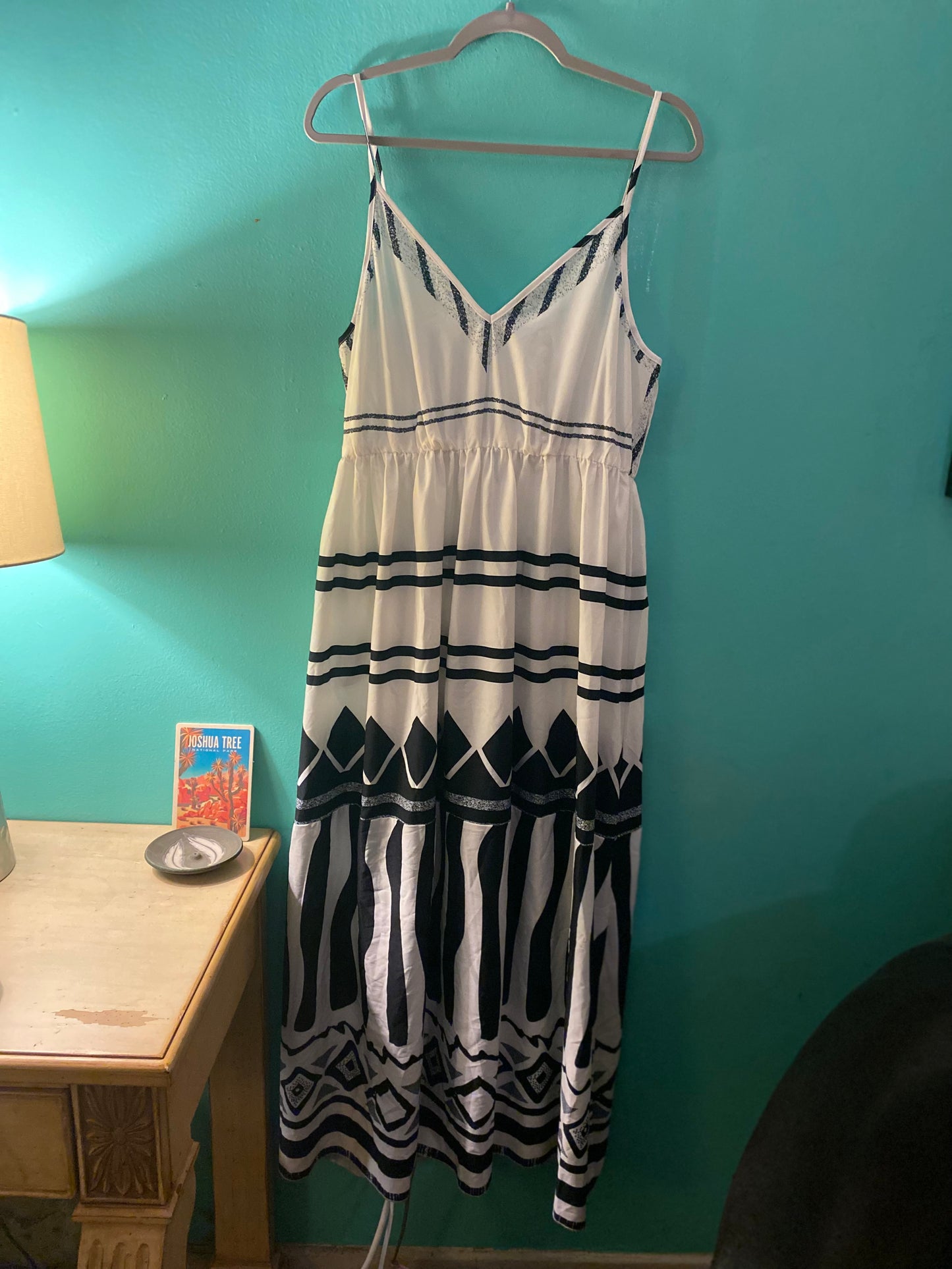 Black and white pattern long silky dress
