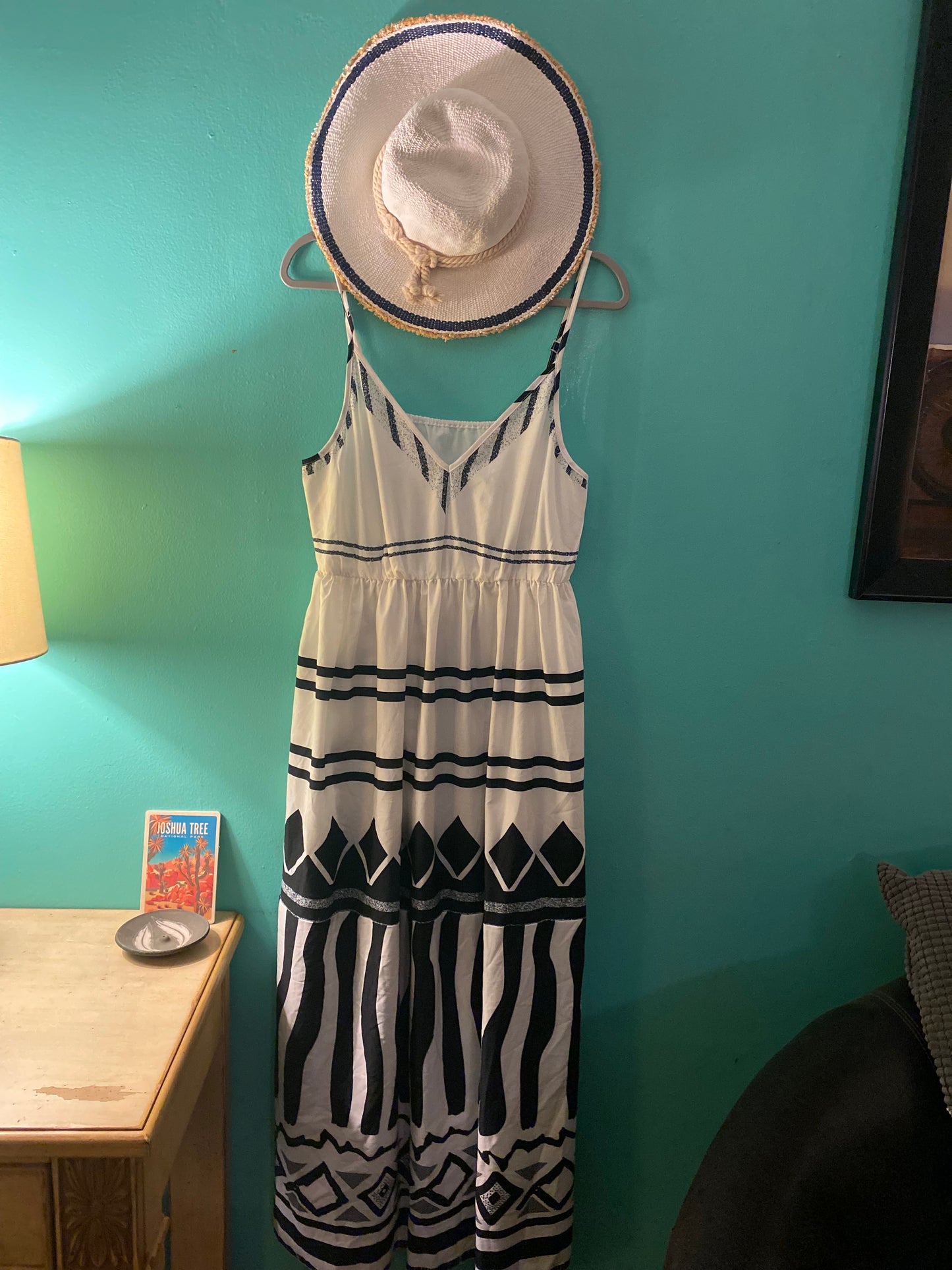 Black and white pattern long silky dress