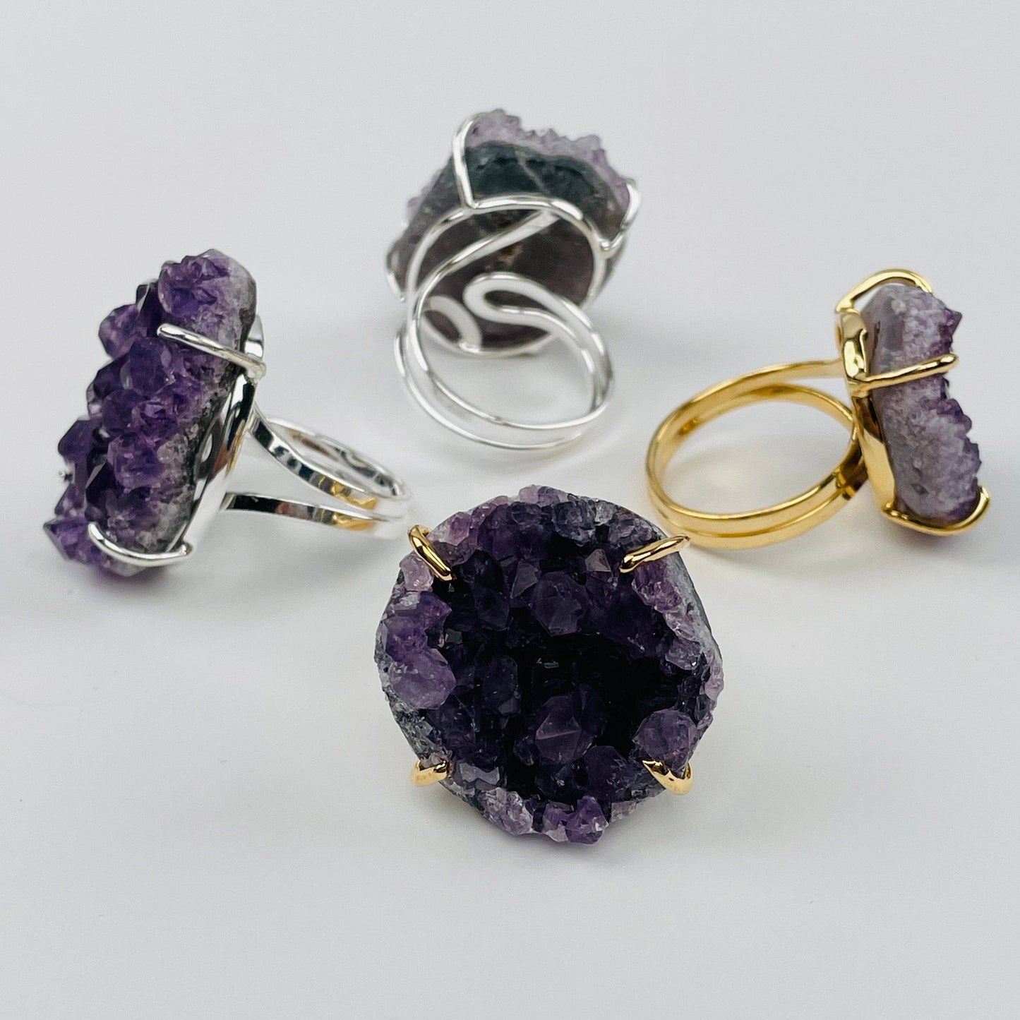 Crystal Cluster Ring Amethyst Citrine Crystal Quartz -: Amethyst / Silver