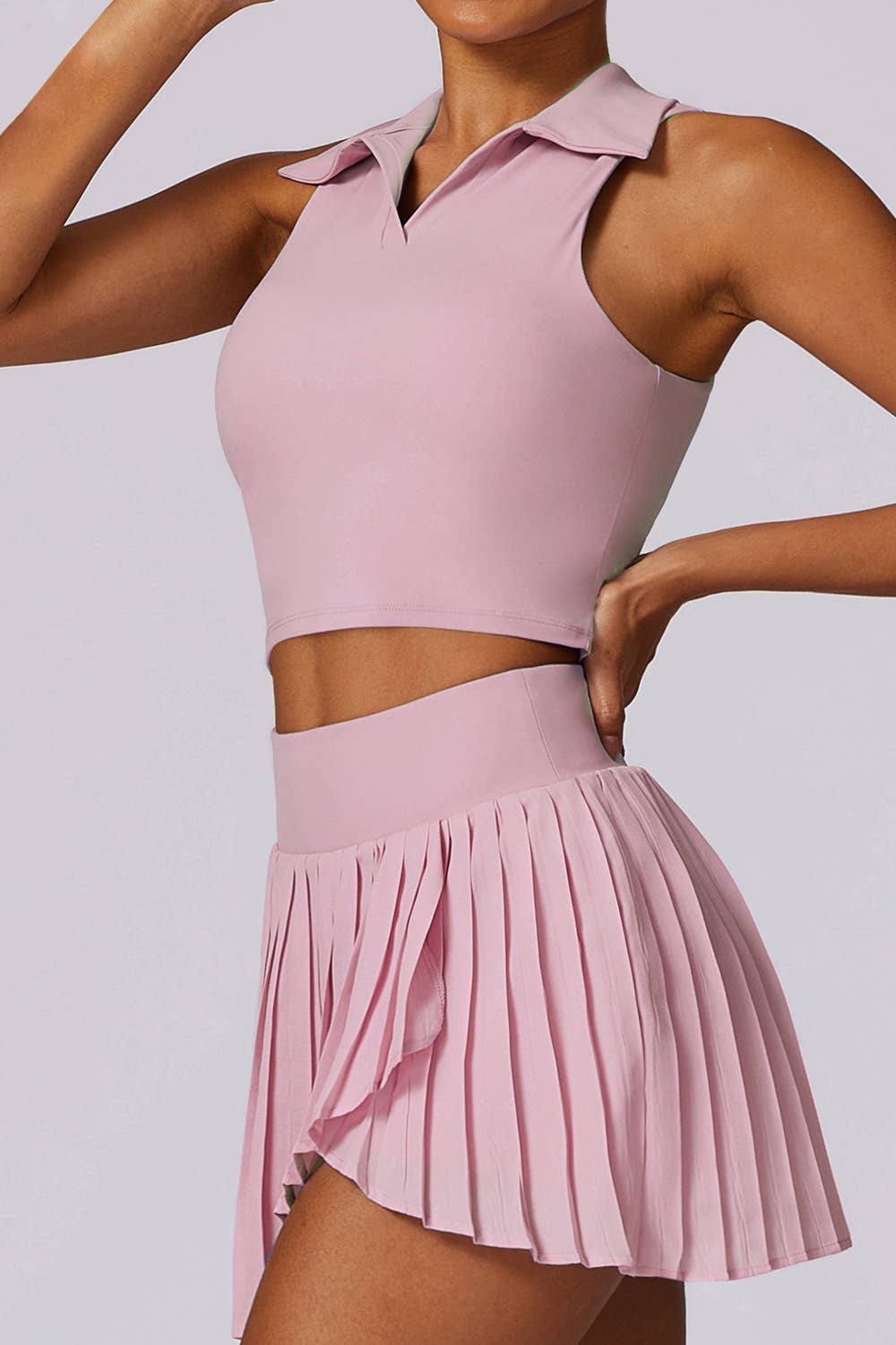 Premium solid color crop polo shirt with pleated skort set (Copy): Ivory