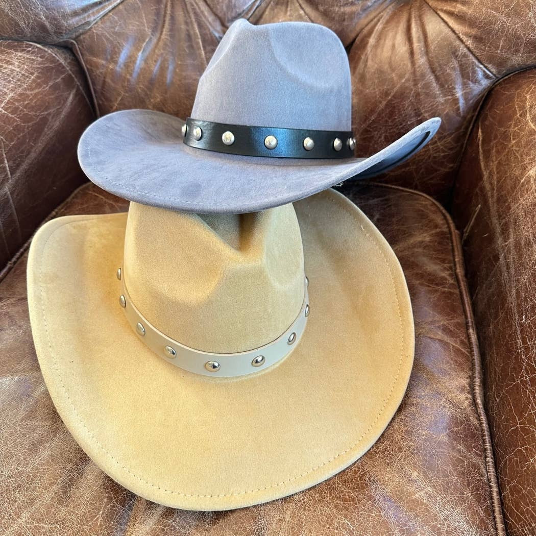Vegan suede cattleman cowboy hat With Steard Leather belt st: IVORY / ONE SIZE