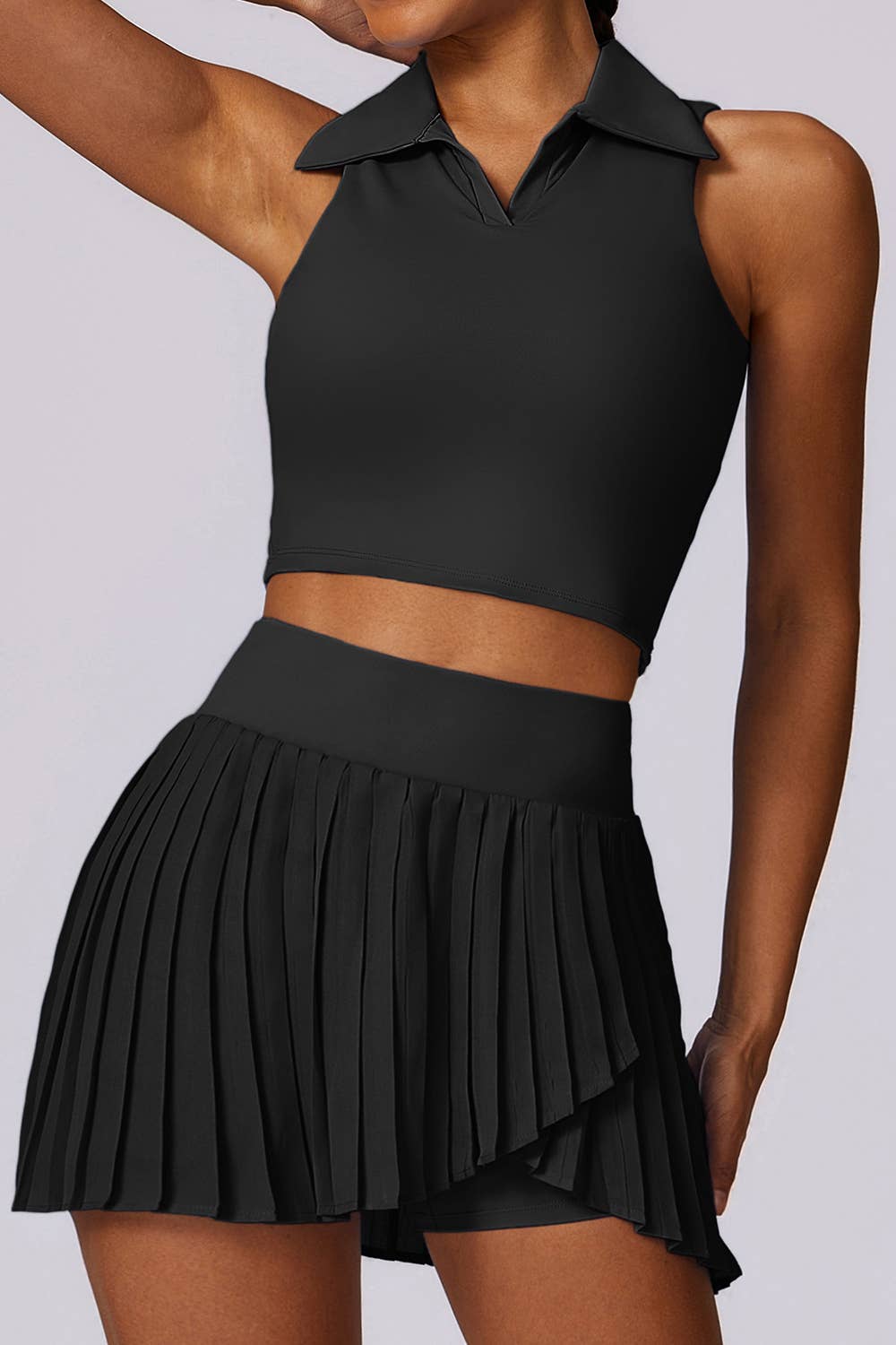 Premium solid color crop polo shirt with pleated skort set (Copy): Ivory