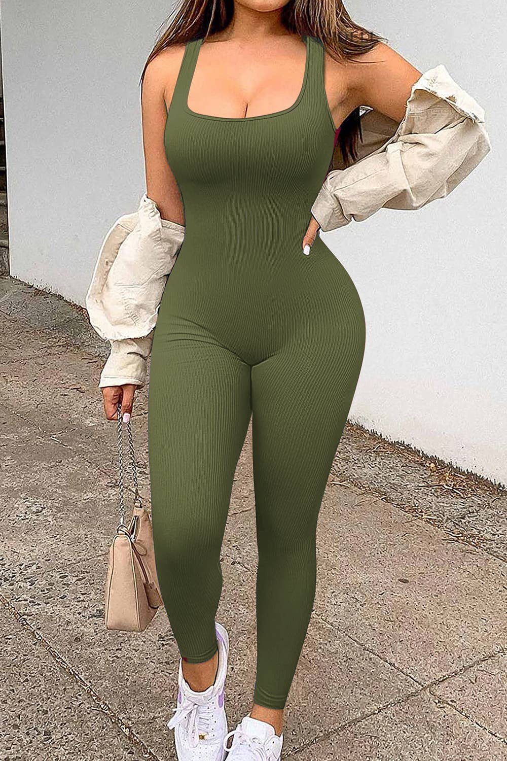 Solid black color seamless ribbed fitted style body jumpsuit: Black
