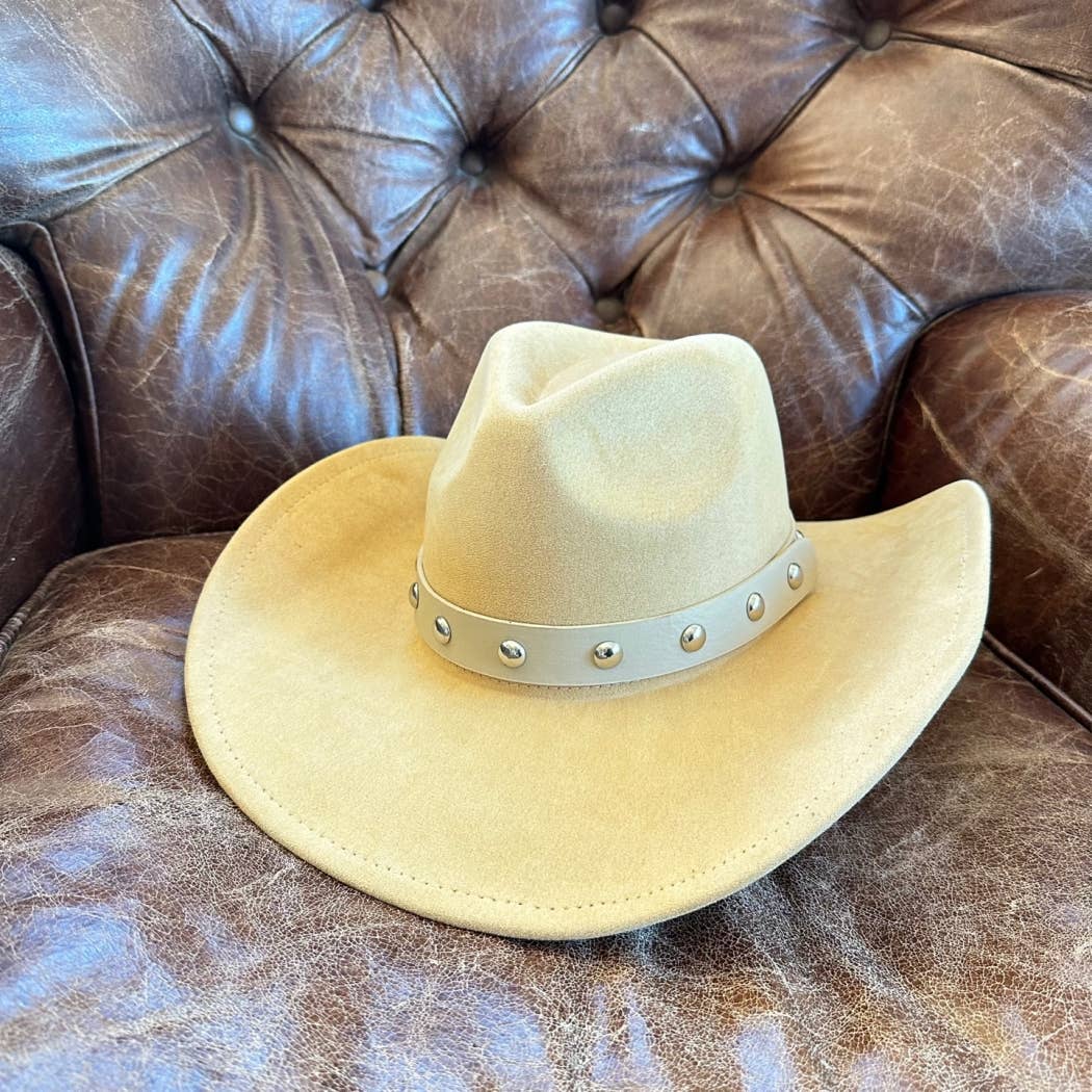 Vegan suede cattleman cowboy hat With Steard Leather belt st: IVORY / ONE SIZE