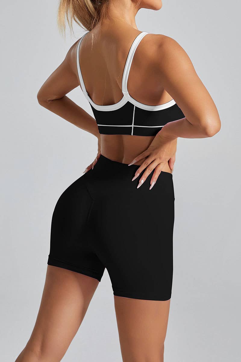 Premium active wear white contrast crop top with shorts set: Black