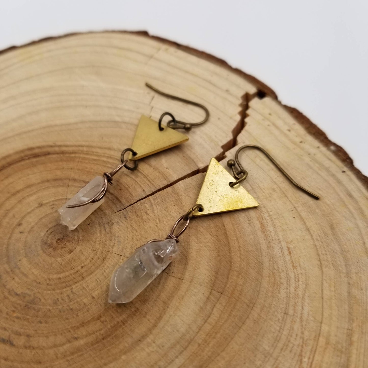 Vintage Triangle Wrapped Quartz Pendant Earrings