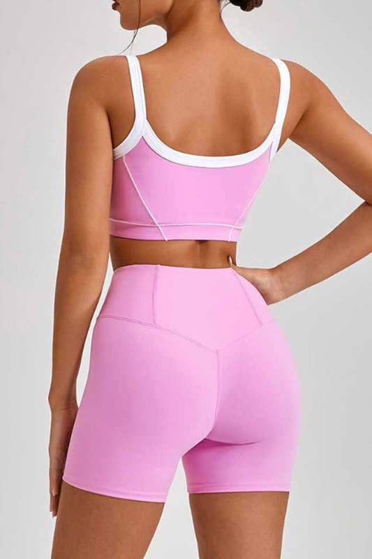 Premium active wear white contrast crop top with shorts set: Black