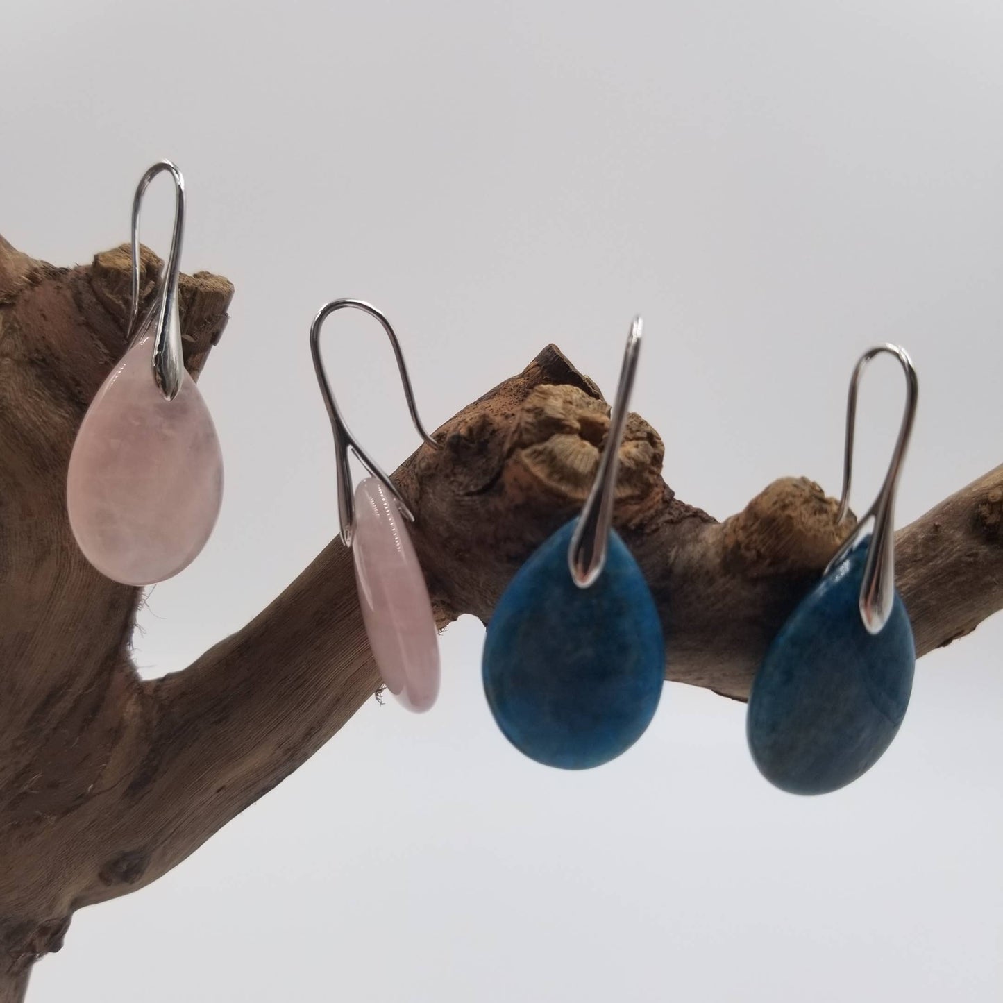 Apatite Stone & Rose Quartz Water Drop Earrings: Blue