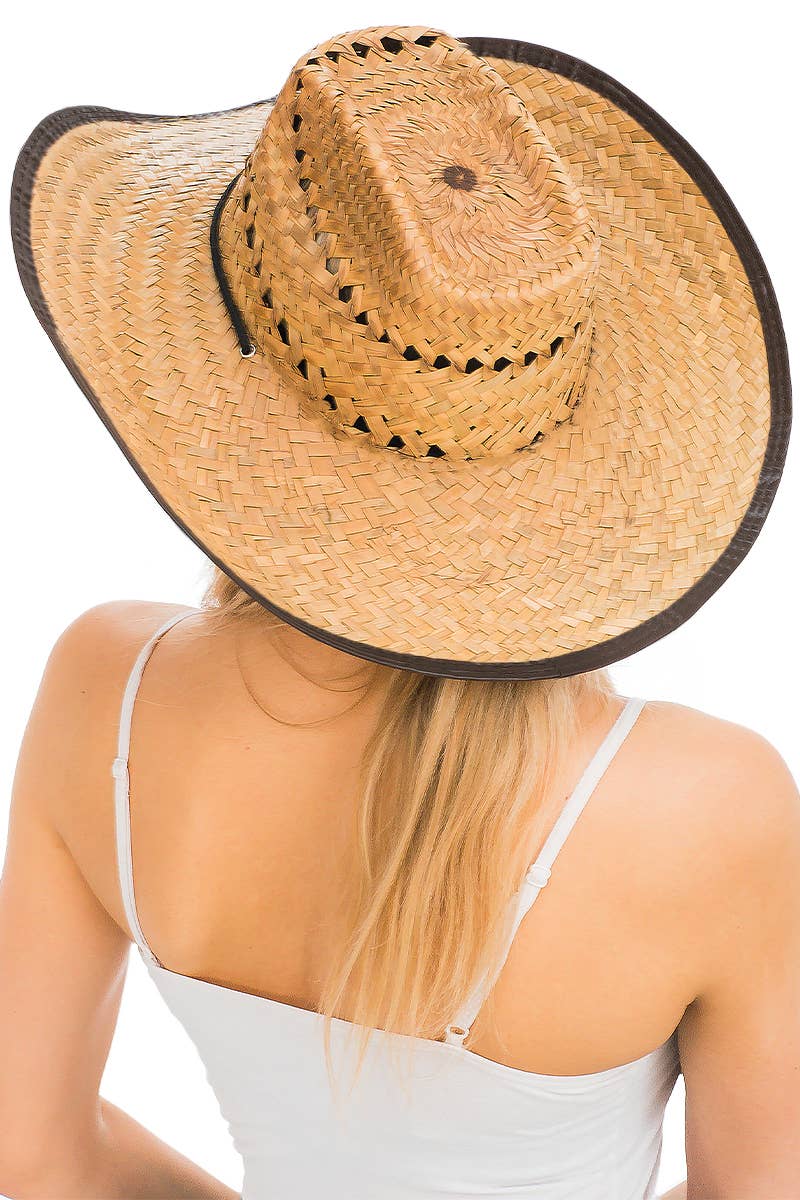 Biggs Crown Stiff Natural Straw Outdoor Cowboy Hat: Tan Trim