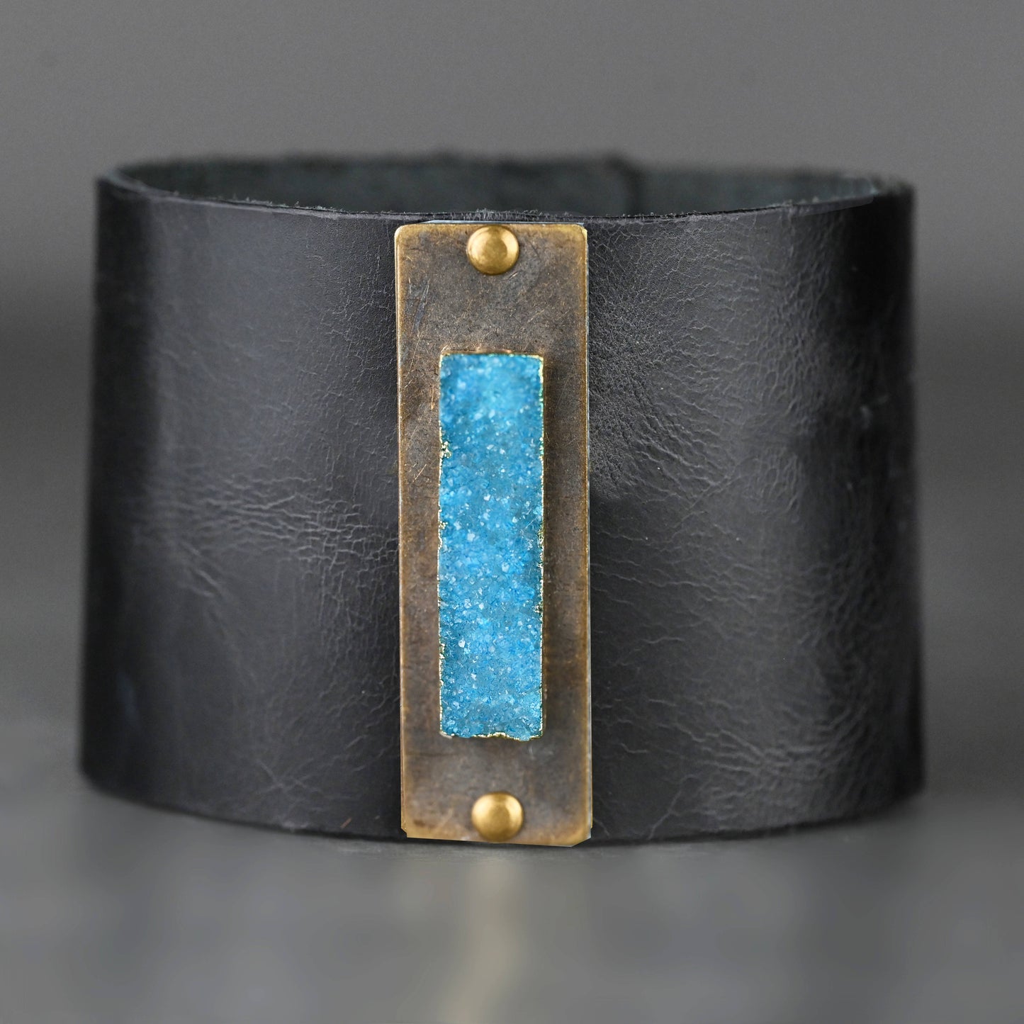 2" Leather Cuff w/ Turquoise Druzy - Choose Leather: Soft Black Distress