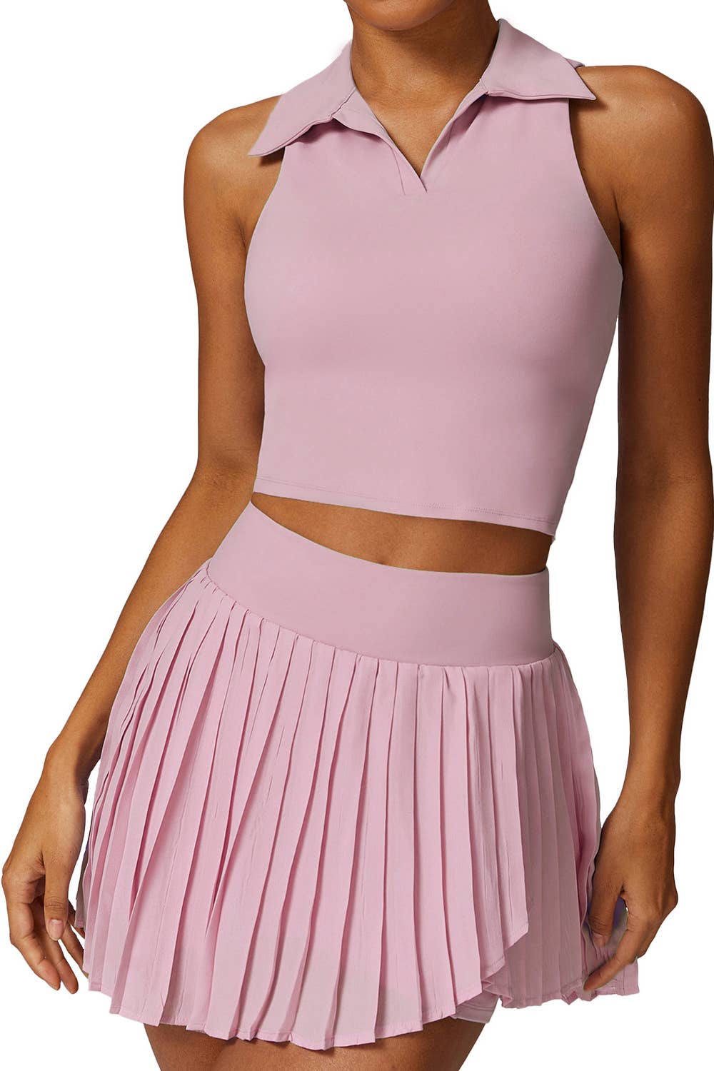 Premium solid color crop polo shirt with pleated skort set (Copy): Ivory