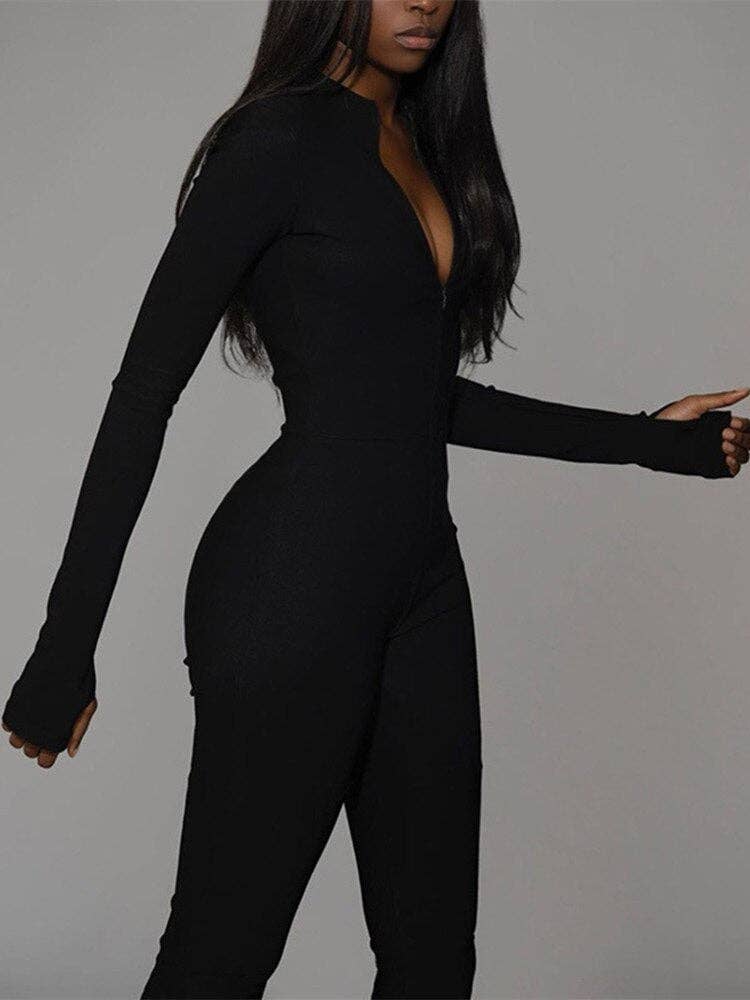 Women Clothing Solid Color Tight Long Sleeve High Waist Zipper Jumpsuit Women: Black / M